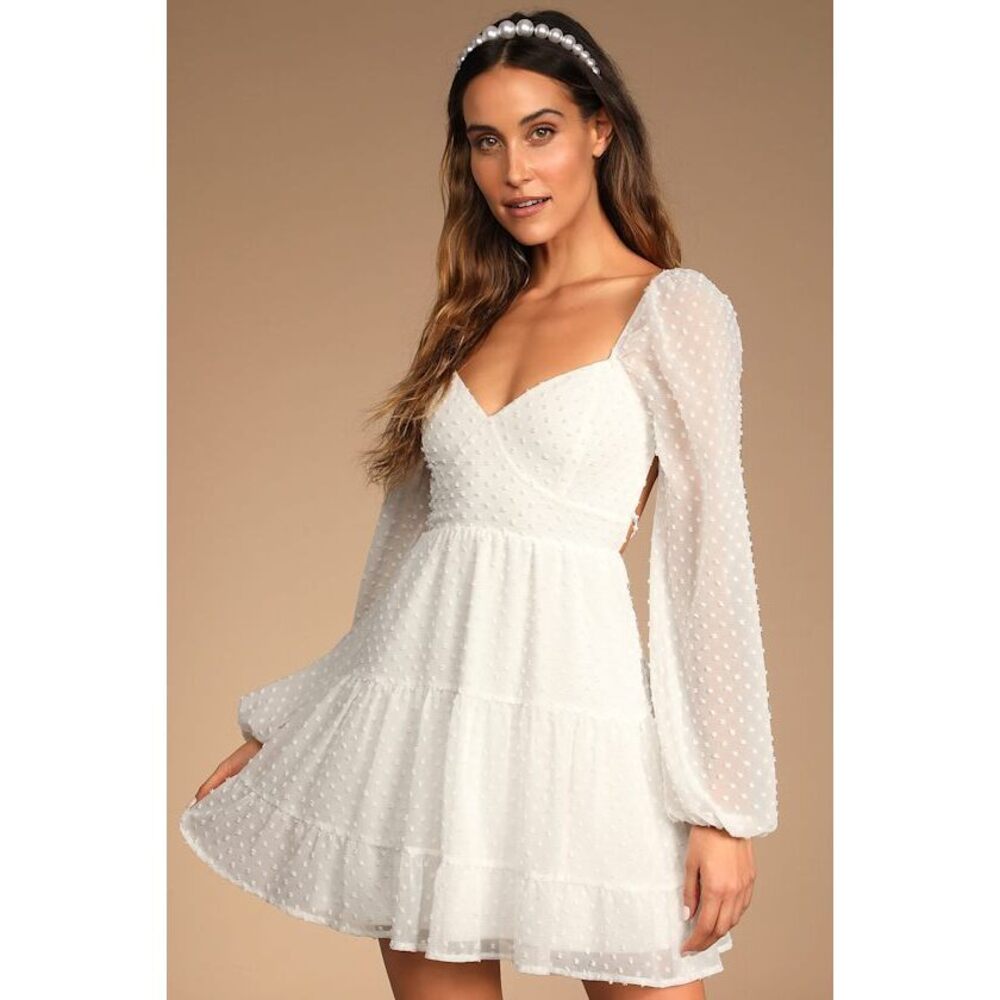 Lulus Longing And Love White Swiss Dot Puff Long Sleeve Mini Dress - Size L